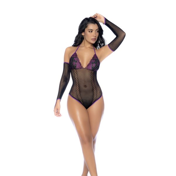 Visnet en Kant Bodysuit Set - One Size - Zwart/Paarse