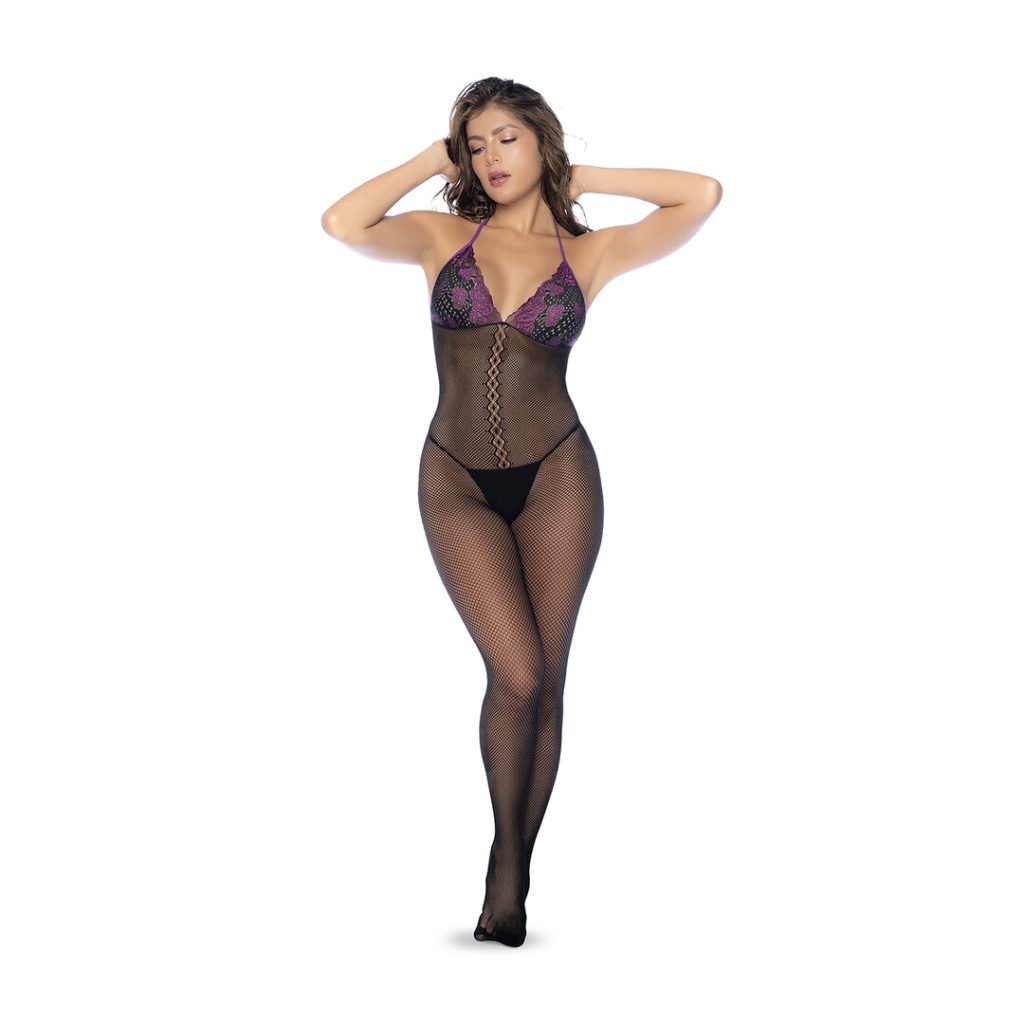 Visnet en Kant Bodystocking Set - Één Maat - Zwart/Paarse
