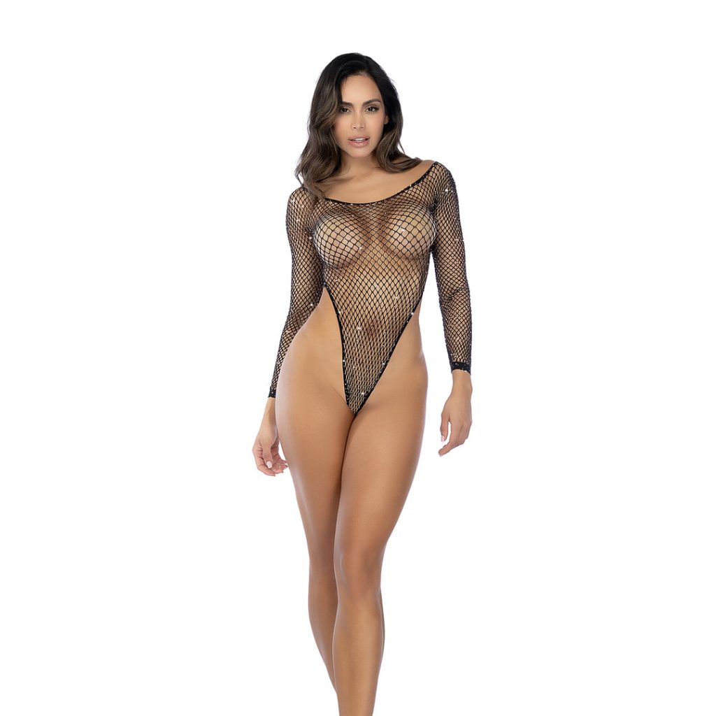 Langsleeve Visnet Rhinestone Bodysuit - Één maat - Zwart/Rhinestone