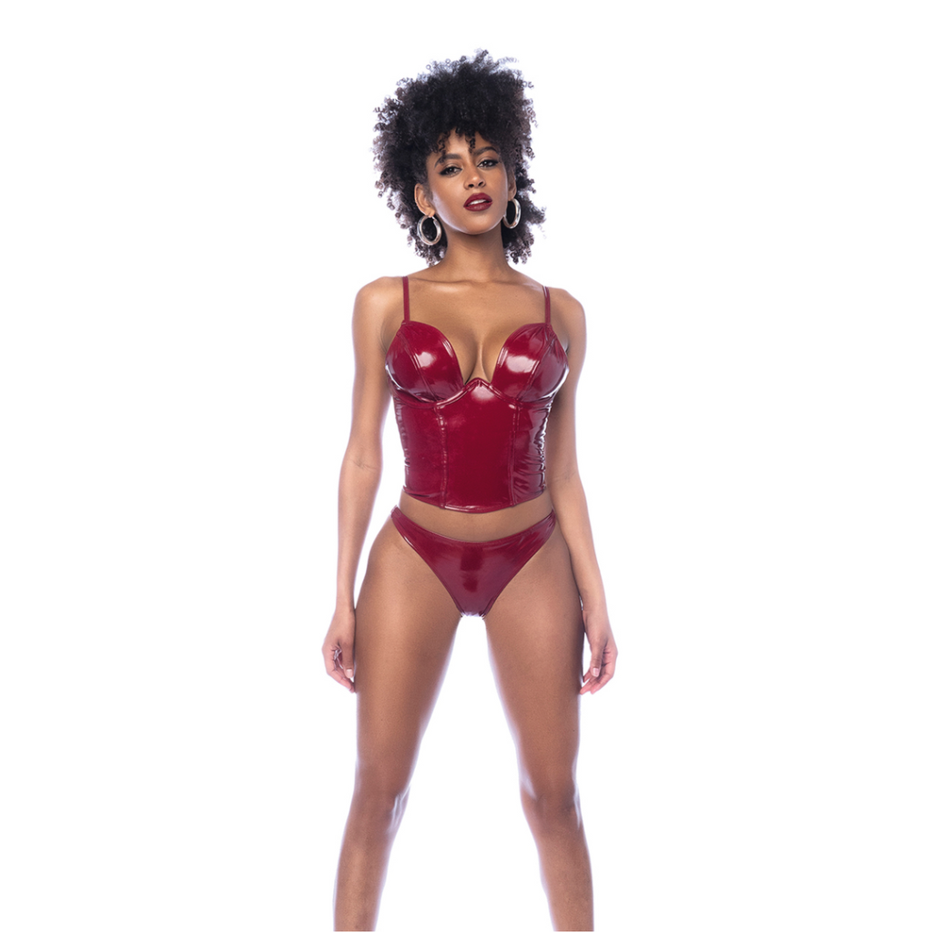 Twee Delige Bustier Set - L - Glanzend Wijnrood