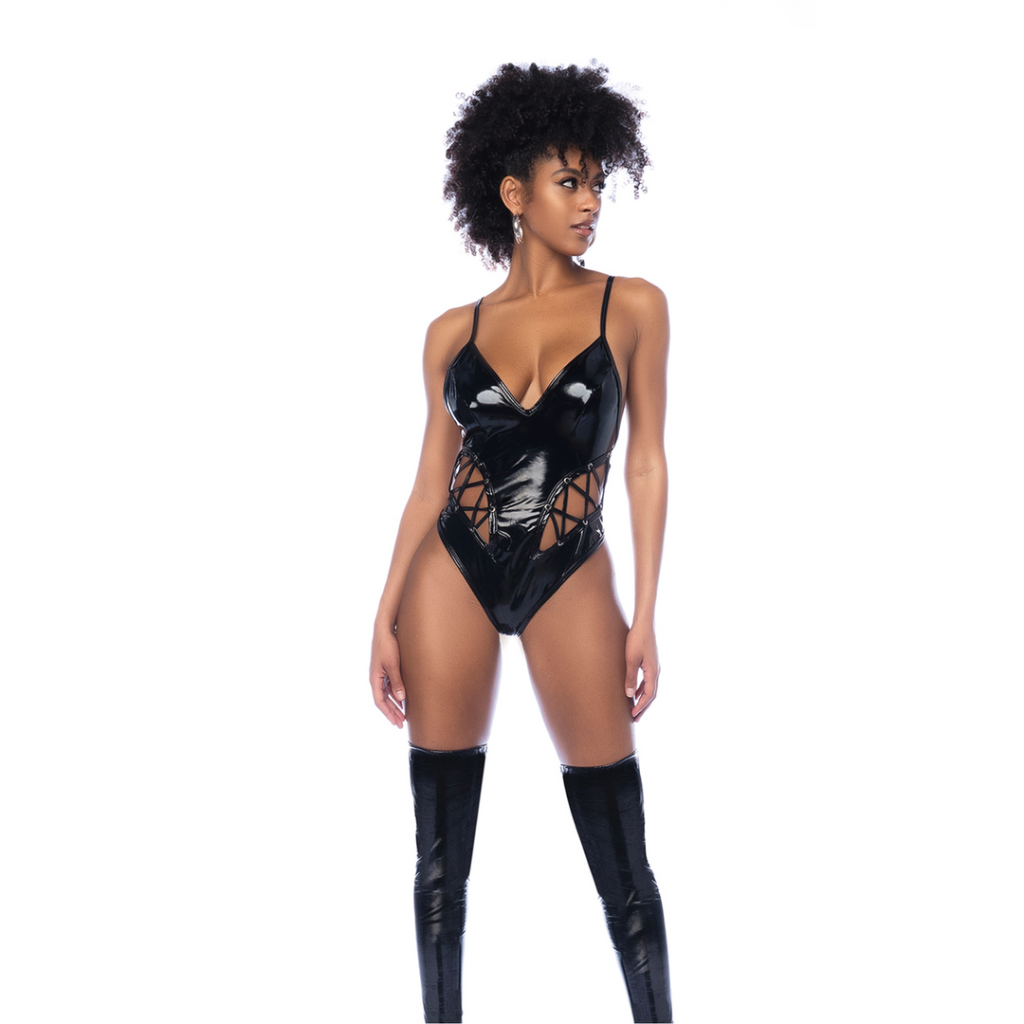 Vetersluiting Bodysuit met Lage Halslijn - L - Glanzend Zwart