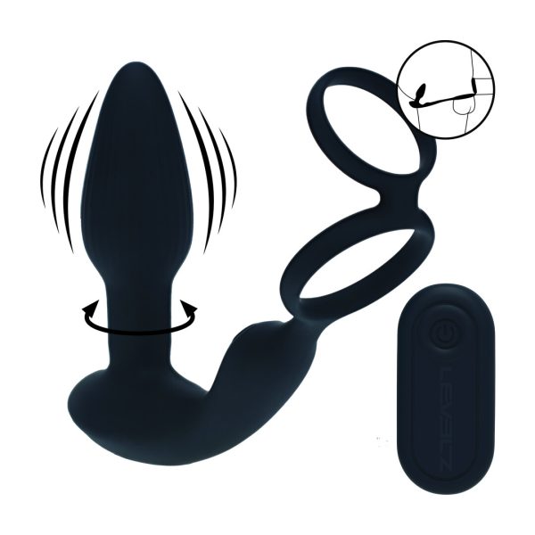 Dual Vibrating Remote Rotating Beads Silicone Prostate Stimulator with Cock and Ball Ring - Black