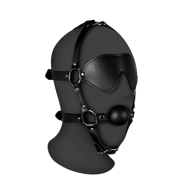 Blindfolded Head Harness met Solid Ball Gag - Zwart