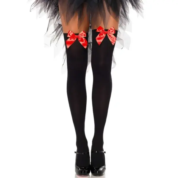 LEG AVENUE - ZWARTE Dijhoge Kousen met Rode Strik ONE SIZE