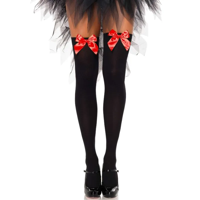 LEG AVENUE - ZWARTE Dijhoge Kousen met Rode Strik ONE SIZE