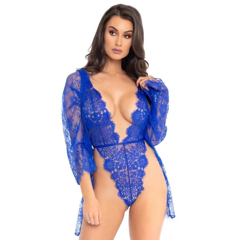 LEG AVENUE - SET MET TEDDY EN BLAUWE ROBE S