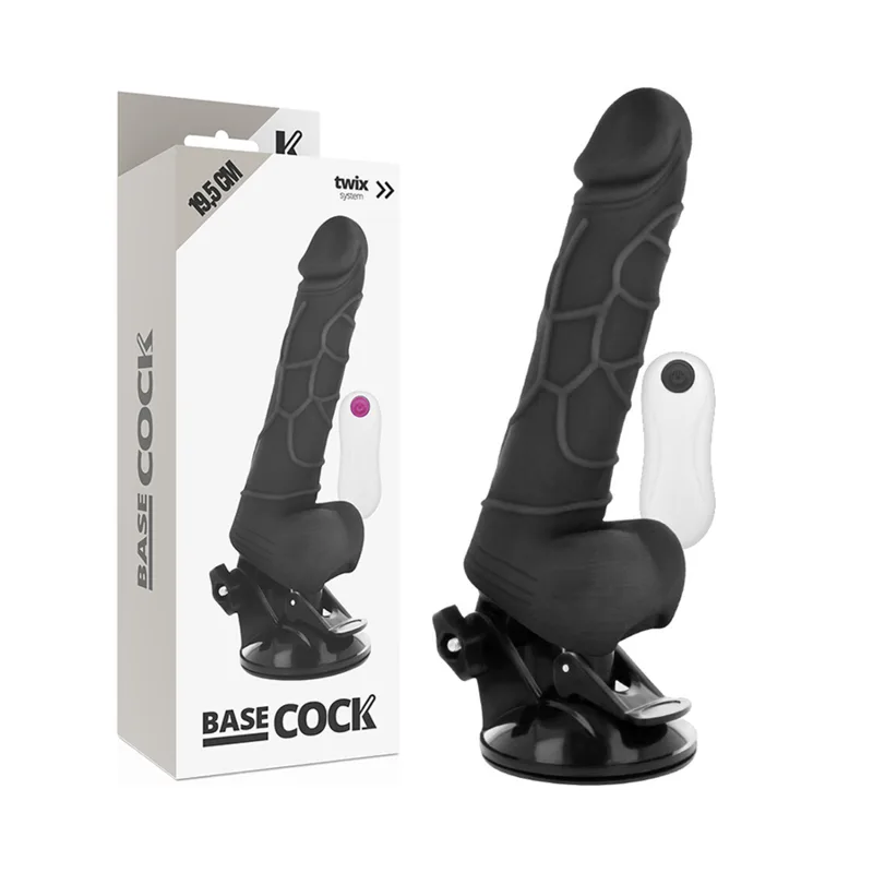 BASECOCK - ZWARTE REALISTISCHE VIBRATOR MET AFSTANDSBEDIENING MET TESTIKELEN 19,5 CM -OF- 4 CM