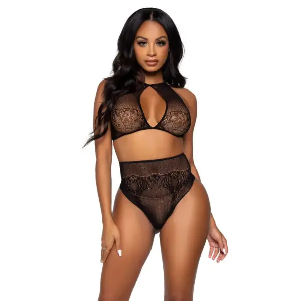 LEG AVENUE - TWEEDELIGE SET HALTERNEK CROP TOP EN TONG ONE SIZE