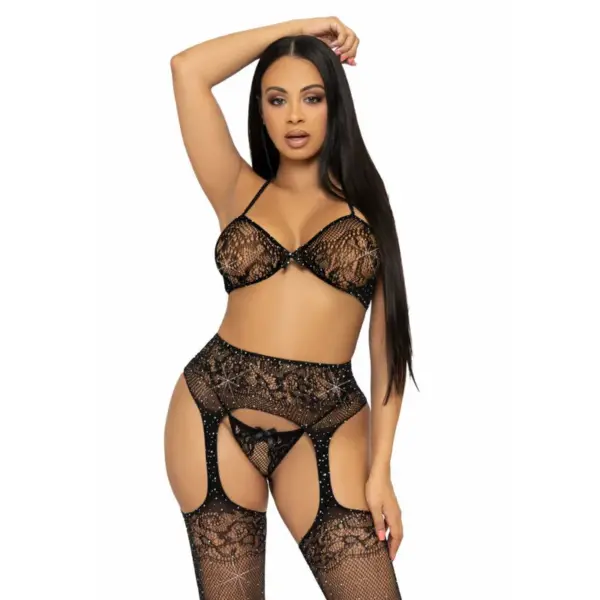 LEG AVENUE - DRIEDELIGE SET BH, TONG EN KOUSEN ONE SIZE - ZWART