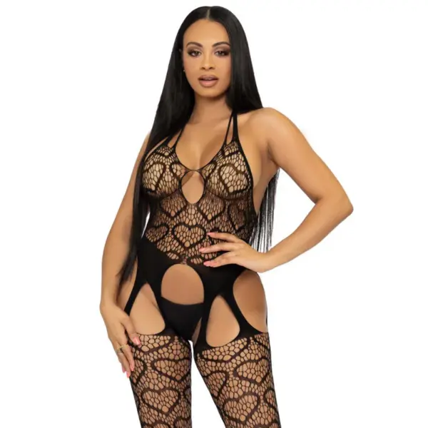 LEG AVENUE - ONE SIZE NET BODYSTOCKING MET BANDJES - ZWART