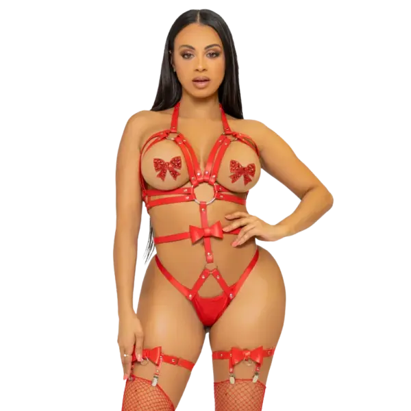 LEG AVENUE - KINK - STUDDED TEDDY HARNESS MAAT L - ROOD