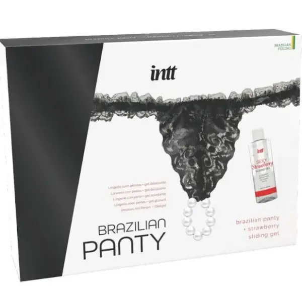 INTT RELEASES - ZWARTE BRAZILIAANSE PANTY MET PARELS EN GLIJGEL 50 ML