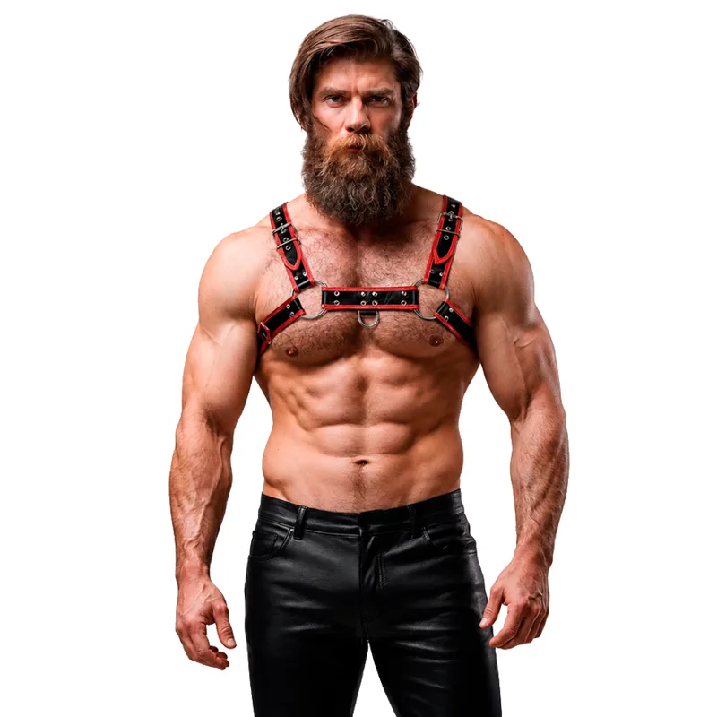 FETISH SUBMISSIVE ATTITUDE - ECO-LEDEREN BORSTHARNAS VOOR MANNEN ZWART/ROOD