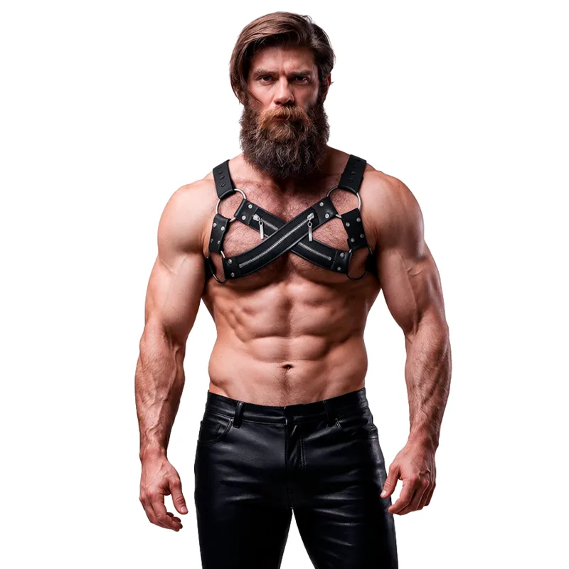 FETISH SUBMISSIVE ATTITUDE - VERSTELBARE NEOPREEN CROSS BORSTBULLDOG HARNAS MET RITSEN VOOR MANNEN