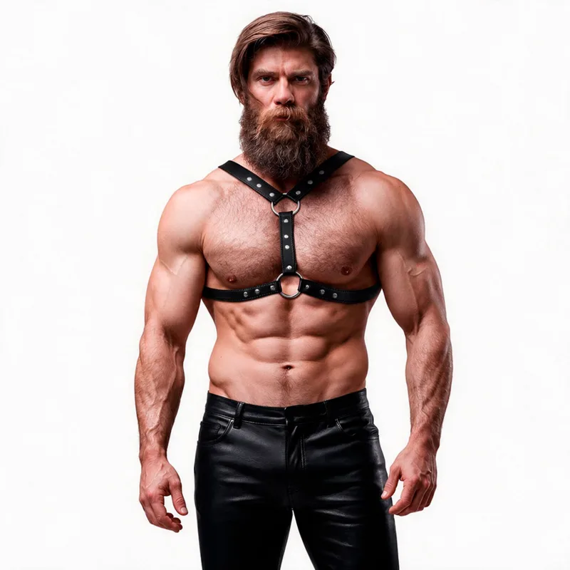 FETISH SUBMISSIVE ATTITUDE - ECO-LEDEREN BORSTHARNAAL MET DUBBELE STEUN EN STUDS VOOR MANNEN