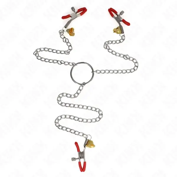 KINK - RODE TEPELKLEMMEN EN CLITORISKLEMMEN MET GOUDEN BEL EN KETTING 30 CM