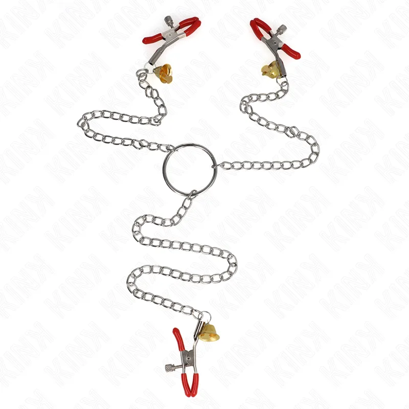 KINK - RODE TEPELKLEMMEN EN CLITORISKLEMMEN MET GOUDEN BEL EN KETTING 30 CM