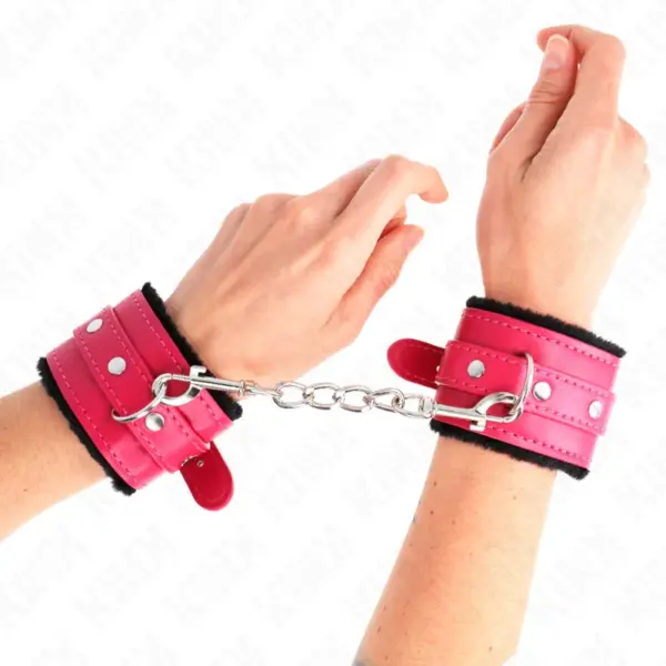 KINK - PREMIUM ZWART GEVOERDE POLSBANDJES MET VERSTELBARE FUCHSIA BAND 17-29 CM X 6 CM