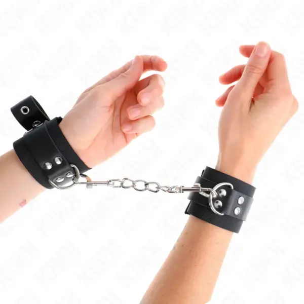 KINK - ZWARTE NYLON POLSBANDJES MET VERSTELBARE ZWARTE LEDEREN BAND 19-29 CM X 5,1 CM