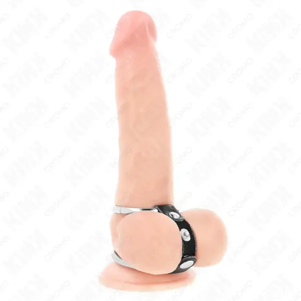 KINK - DUBBELE METALEN PENISRING 3,8 CM TOT 5 CM VERBONDEN MET LEER