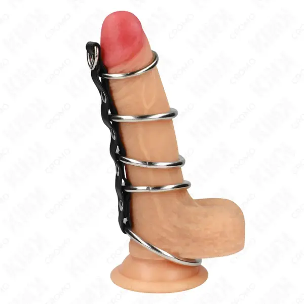 KINK - 5 METALEN PENIS RINGEN 3,2 CM TOT 5 CM VERBONDEN DOOR LEER