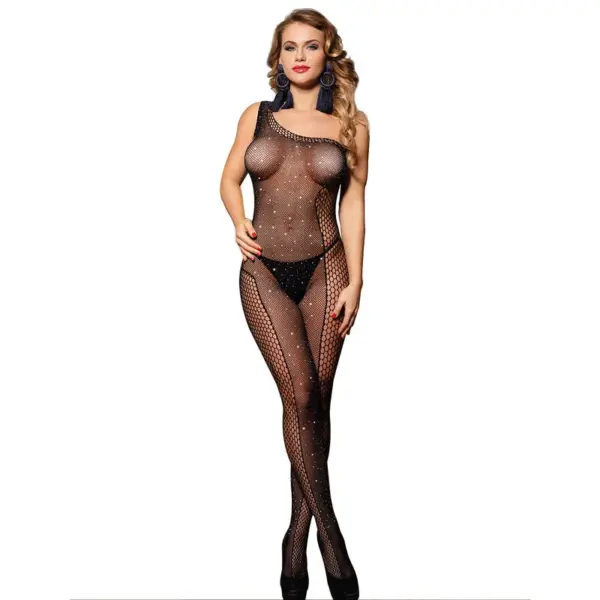 SUBBLIME - 952037 ÉÉN SCHOUDER NET BODYSTOCKING MET DIAMANTEN ZWART ÉÉN MAAT