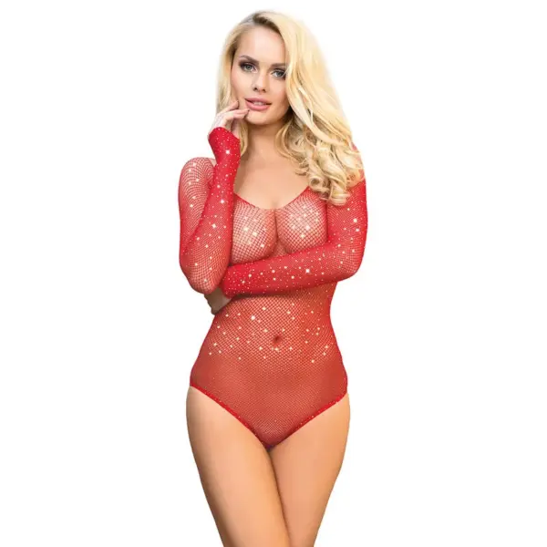 SUBBLIME - 952303 GLANZENDE NETBODY MET OFF-SHOULDER LANGE MOUWEN ROOD ONE SIZE