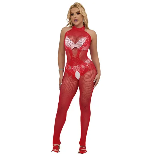 SUBBLIME - 952372 BODYSTOCKING MET KRUISLOZE MESH EN KANT MET HOGE HALS ROOD ONE SIZE
