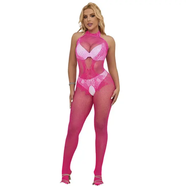 SUBBLIME - 952389 KRUISLOZE MESH EN KANT BODYSTOCKING MET HOGE HALS ROZE ONE SIZE