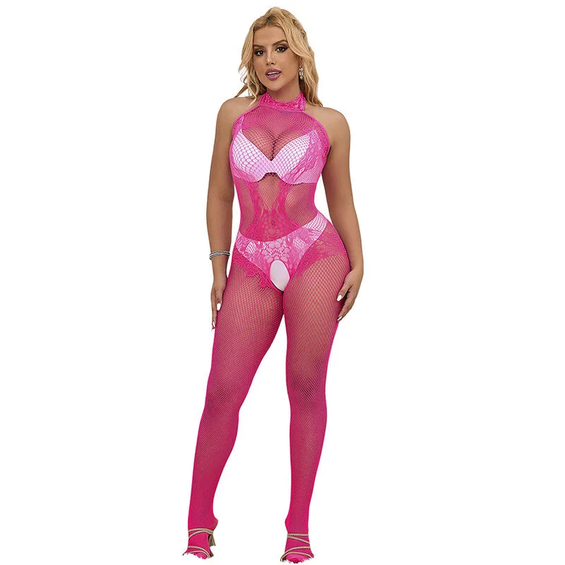 SUBBLIME - 952389 KRUISLOZE MESH EN KANT BODYSTOCKING MET HOGE HALS ROZE ONE SIZE