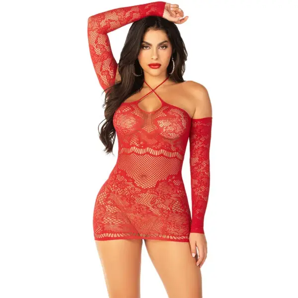 LEG AVENUE - ROOD OFF THE SHOULDER LANGE MOUWEN VISNET MINIJURK