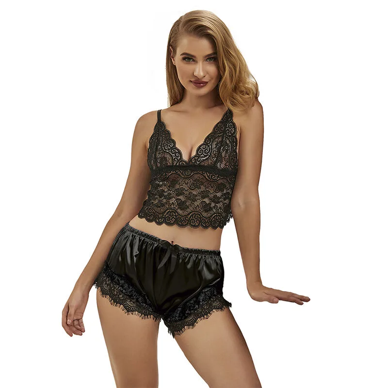 SUBBLIME - 953942 SEXY SATIJNEN EN KANTEN PYJAMA ZWART L/XL