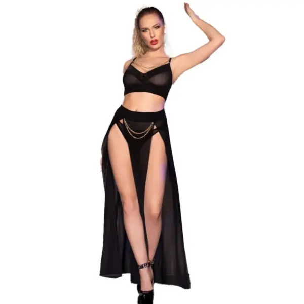 CHILIROSE - CR 4672 ZWARTE TOP ROK EN TRIM MET GOUDEN KETTINGEN L