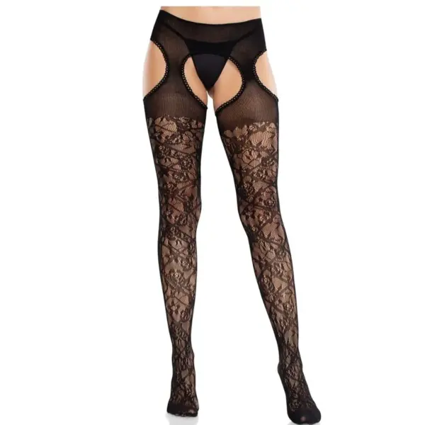 LEG AVENUE - KANTEN KOUSEN MET BLOEMEN EN KOUSENBANDEN UNITED BLACK