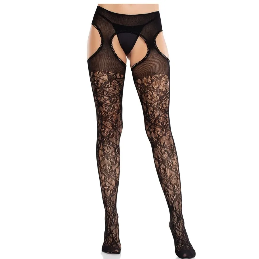 LEG AVENUE - KANTEN KOUSEN MET BLOEMEN EN KOUSENBANDEN UNITED BLACK