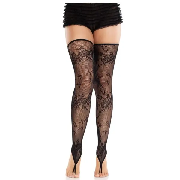 LEG AVENUE - FLORAL KANTEN VOETLOZE KOUSEN ZWART