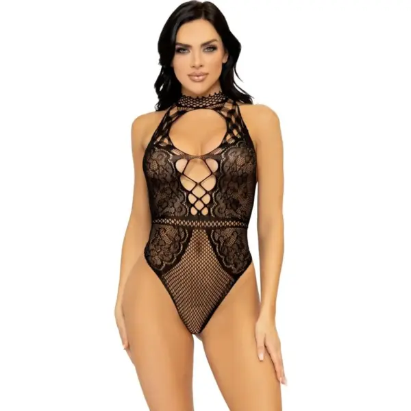 LEG AVENUE - NET EN KANT KEYHOLE HALTER BODYSUIT ONE SIZE