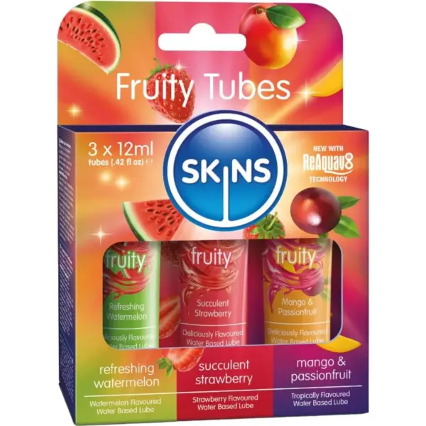 SKINS - FRUITY GLIJMIDDELENSET WATERMELOEN, AARDBEI & MANGO GLIJMIDDELEN 3 x 12 ML