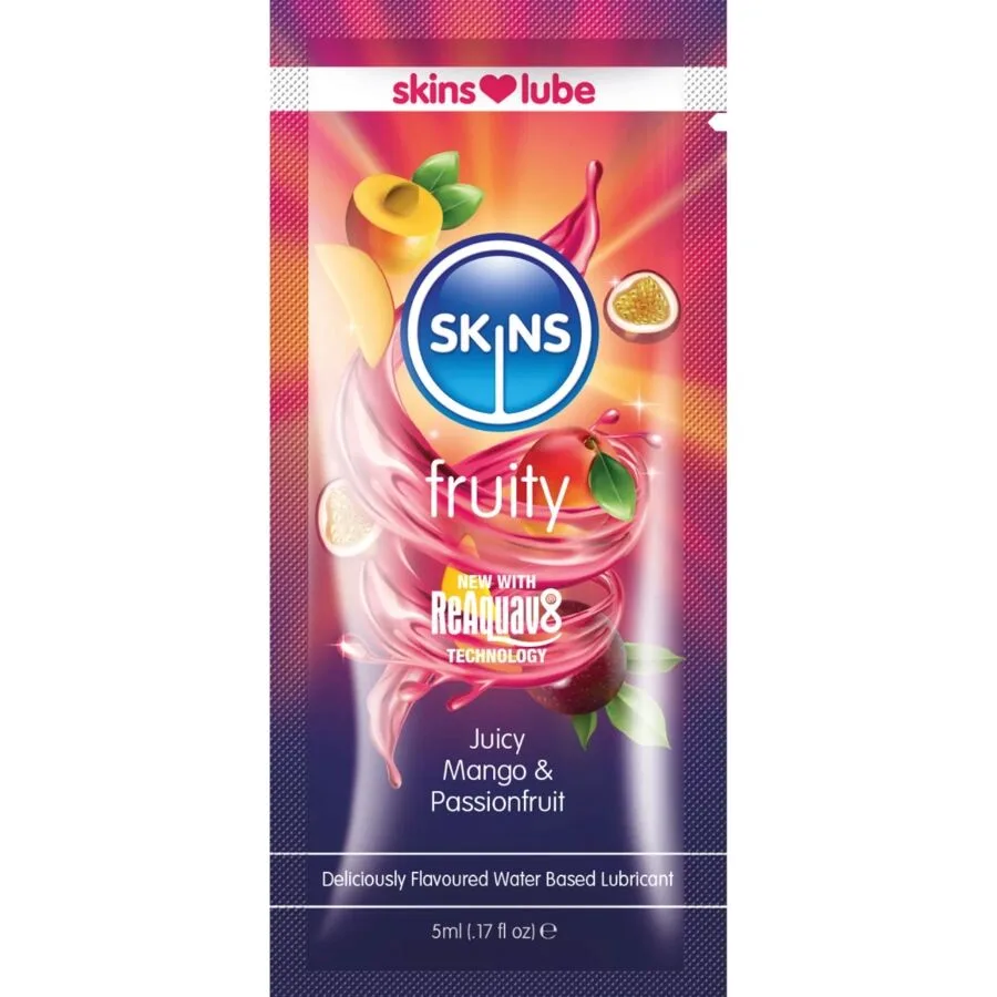 SKINS - FRUITIG GLIJMIDDEL OP WATERBASIS, MANGO EN PASSIEVRUCHT, ENKELE DOSIS 5 ML