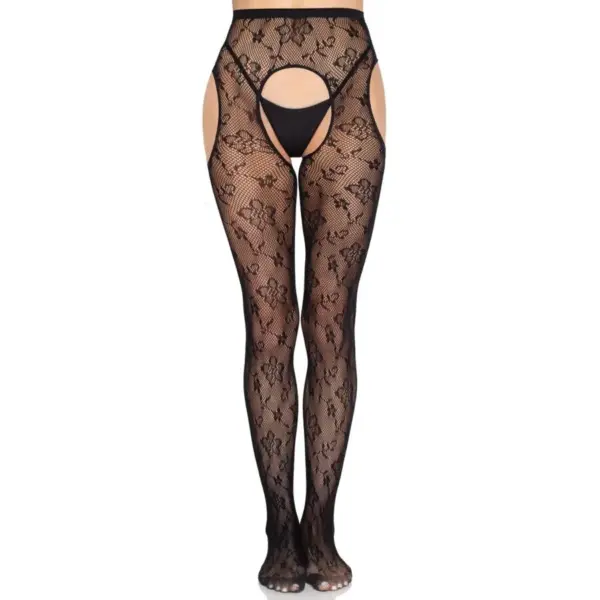 LEG AVENUE - 1967 BLOOM NET SUSPENDERT PANTY ZWART - ONE SIZE