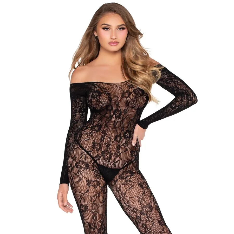 LEG AVENUE - 89366 KANTEN LINGERIE BODYSTOCKING ZWART - ONE SIZE