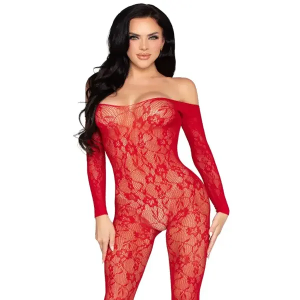 LEG AVENUE - 89366 KANTEN LINGERIE BODYSTOCKING ROOD - ONE SIZE