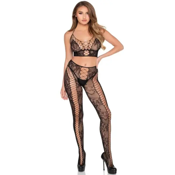 LEG AVENUE - 89368 NET & LACE CROP TOP EN PANTY ZWART - ONE SIZE