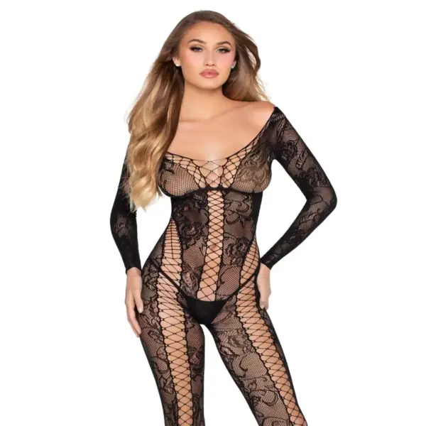 LEG AVENUE - 89369 NET & LACE JUMPSUIT ZWART - ONE SIZE