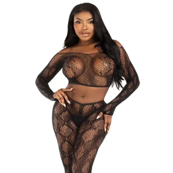 LEG AVENUE - 89373 PYTHON CROP TOP & PANTY ZONDER VOETEN ZWART - ONE SIZE