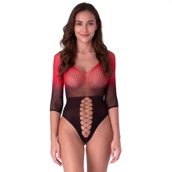 PASSION - BS118 ZWART-RODE MESH BODYSTOCKING