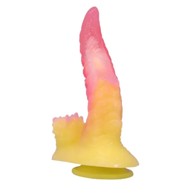 POWER MONSTERS - GERIPPELDE MONSTER FANTASIE DILDO MET ZUIGNAP 22,5 CM Ø 5,5 CM ROZE & GEEL