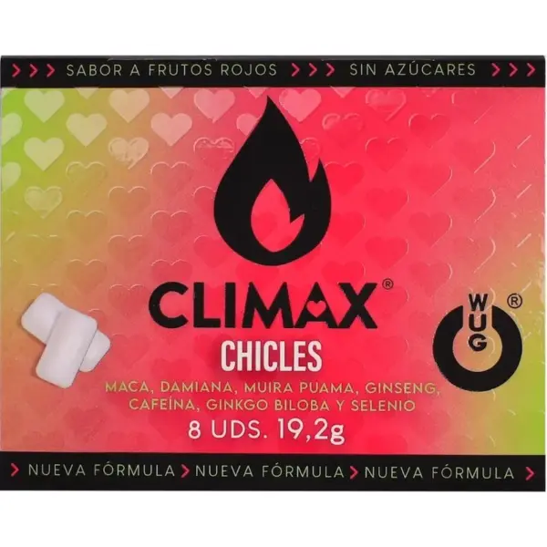 WUG Climax - Functionele kauwgom met maca, damiana en ginseng om het verlangen en de intieme vitaliteit te versterken. BLISTERVERPAKKING MET 8 STUKS