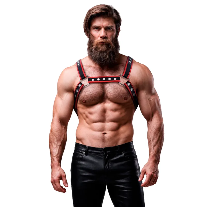 FETISH SUBMISSIVE ATTITUDE - BULLDOG ECO-LEDEREN BORSTHARNESS VOOR MANNEN ZWART/ROOD