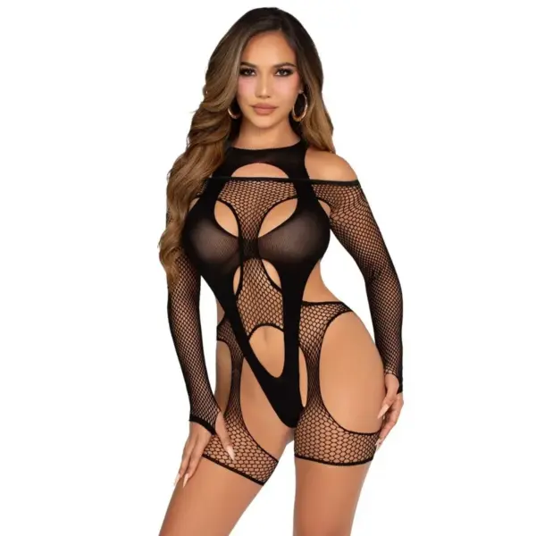 LEG AVENUE - NETBODYSTOCKING MET JARRETELGORDEL EN TUIGJE ZWART